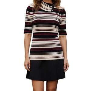WHITE HOUSE BLACK MARKET Striped Metallic Ribbed Snap Neck Top EUC Size Small